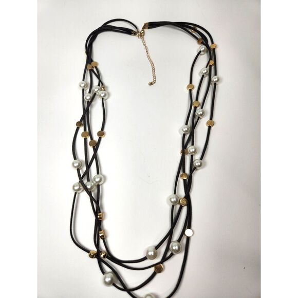 Layered Faux Pearl & Brass Disc Necklace 36” Gray Suede Cord Boho Chic Statement - Picture 3 of 6